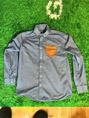 Simons Blue Long-Sleeve Button-Down with Tan Chest Pocket